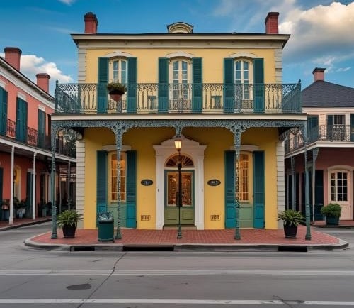 a yellow and green building with a balcony in new orleans