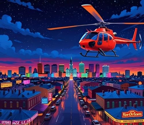 a helicopter flying over a city at night