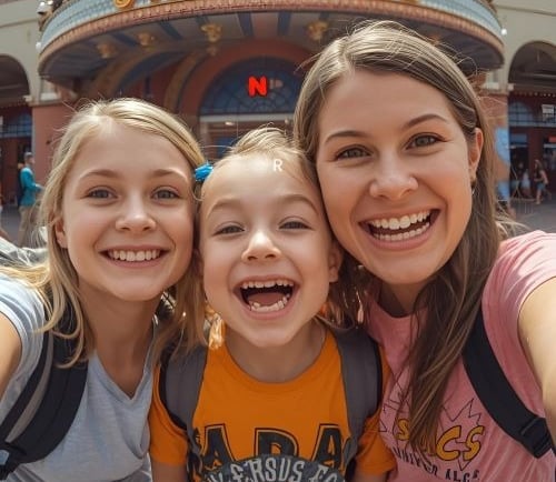 a mother with 2 children in front o nickelodeon universe