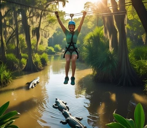 a woman is hanging on a zip line in the jungle
