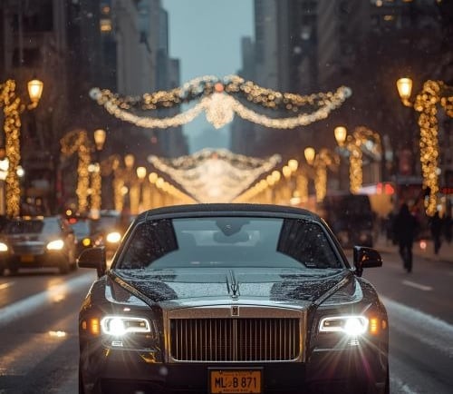 limousine drives in new york with al lot of christmas lights