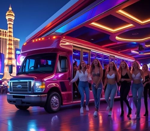 Group of women in front of a party bus