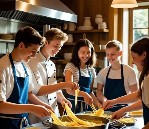 a group of people in aprons cooking in a kitchen