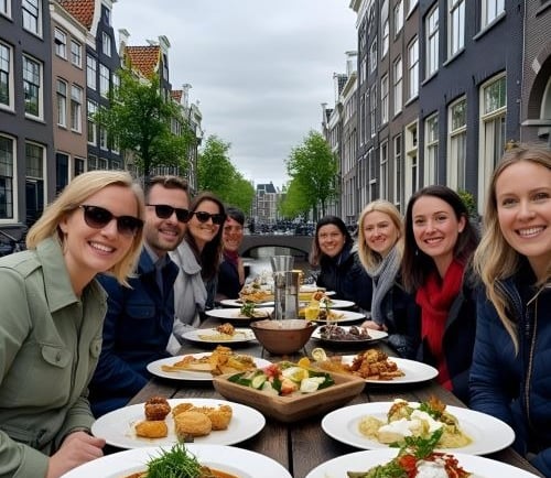 Friends enjoy a group dinner at an outdoor table along a scenic Amsterdam canal with historic houses.