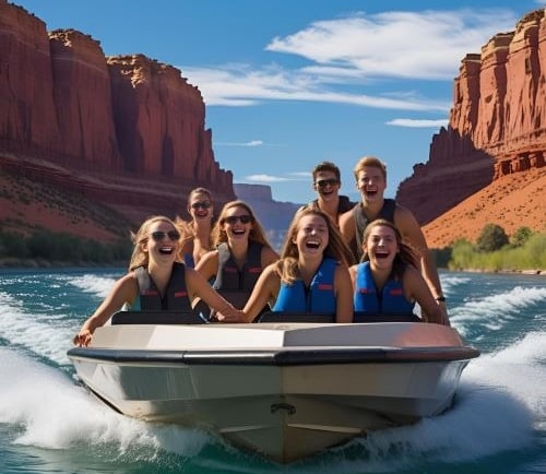 a group of people riding a boat on a river