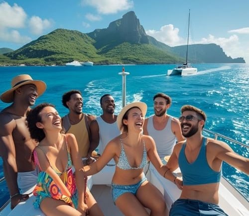 a group of people on a boat in the ocean