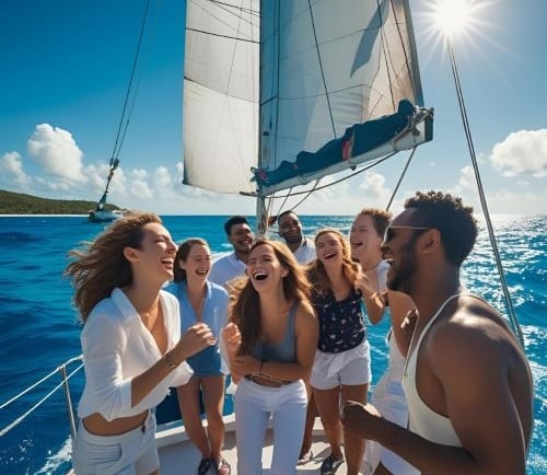 a group of friends enjoying a sailboat ride