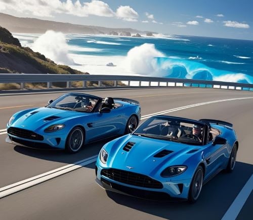 two aston cars driving on a highway