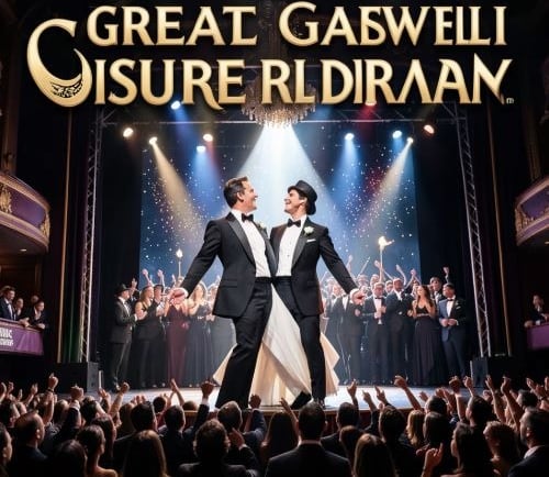 Two performers in tuxedos dance on a theater stage during a Great Gatsby musical production.