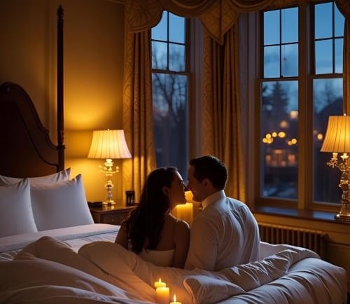 a man and woman sitting on a bed in a hotel room