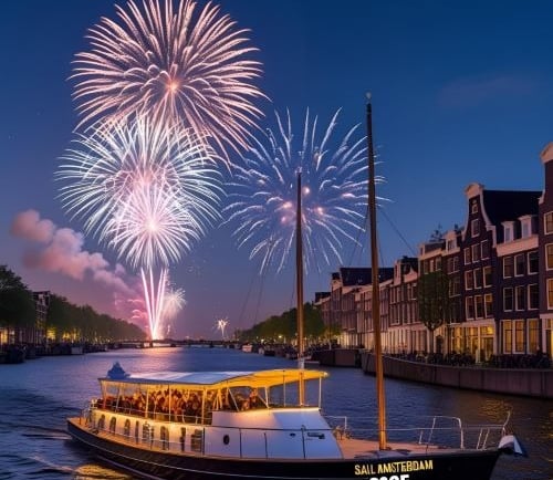 Fireworks display over an Amsterdam canal boat during the Sail Amsterdam 2025 event at night.