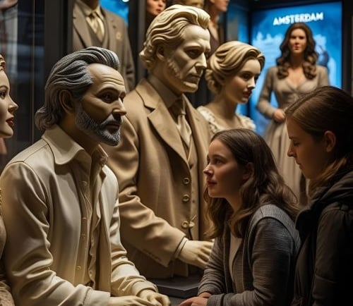 Visitors admire realistic wax figures of celebrities at a museum exhibit in Amsterdam.