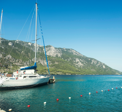 a sailboat in the water near a mountain