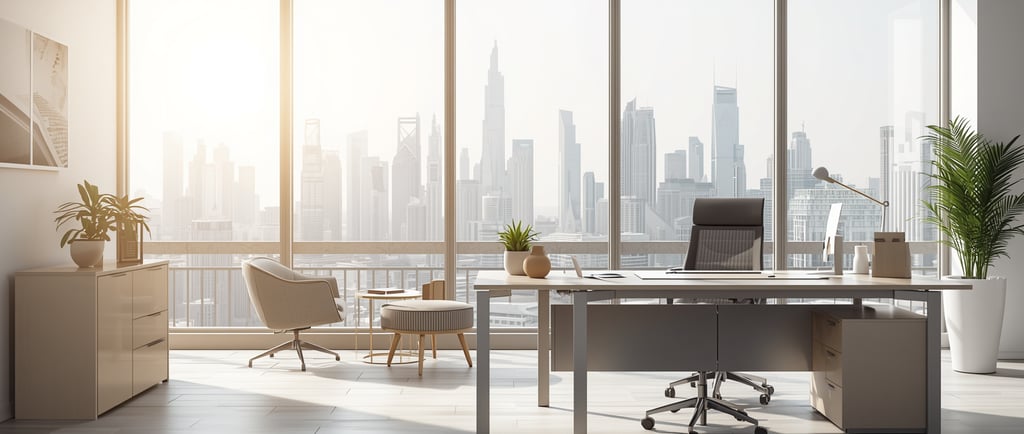 Modern executive office interior featuring a sleek desk, ergonomic chair, and floor-to-ceiling windows 