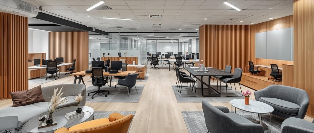 a large office with a lot of chairs and tables