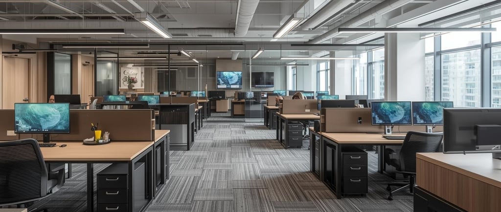 Modern open plan office workspace with rows of ergonomic desks, dual monitors, and industrial lighting.