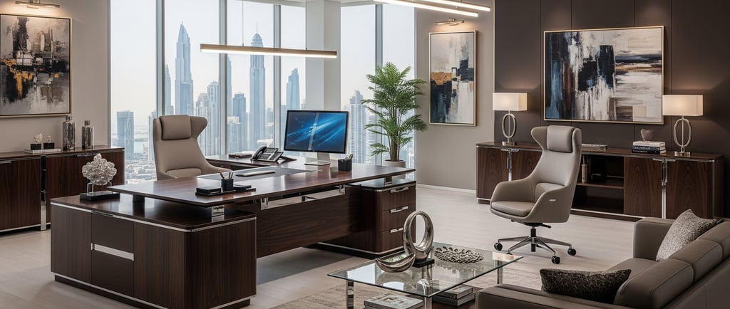 Royal Real Touch full height office cabinet with wood base and glass top in a modern Dubai office