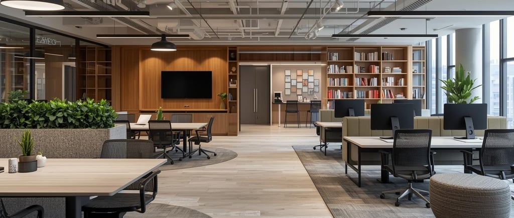 a large open office with a large screen tv and a large screen tv