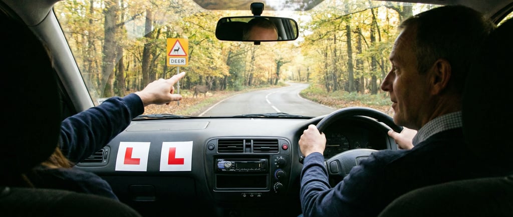 Driving instructor in Loughton pointing out road hazards to a learner driver near Epping Forest