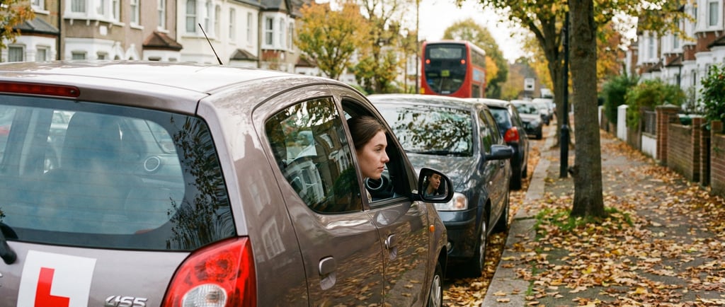 Learner driver practicing parallel parking on a quiet residential street in Chingford.