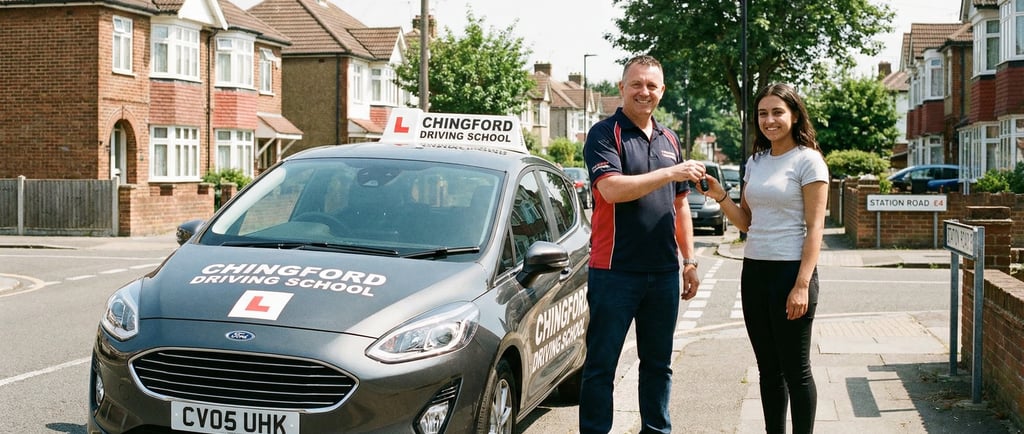 Instructor from a driving school in Chingford handing car keys to a student after a lesson.