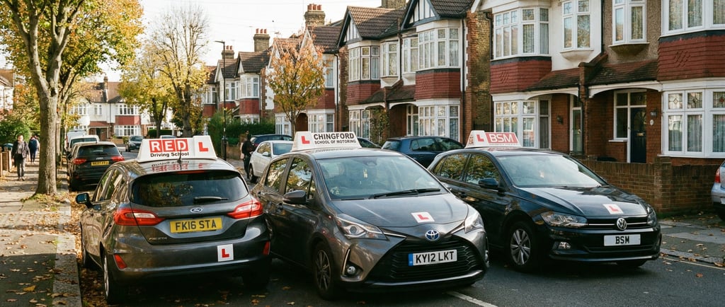 Learner cars from driving schools in Chingford parked on a quiet residential street