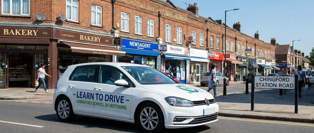 Modern learner car from one of the driving schools in Chingford driving past local shops