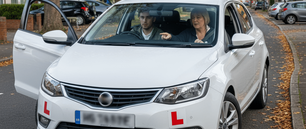 Manual driving lessons Loughton IG10 — instructor coaching a learner on clutch control and gear chan