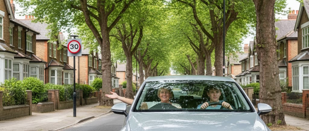 Driving instructor teaching a learner driver on a quiet Chigwell street surrounded by trees and home