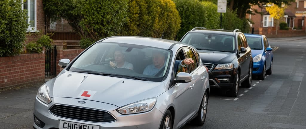 Learner driver in Chigwell practicing parallel parking with guidance from an instructor on a residen