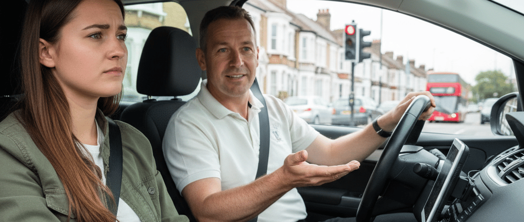 Learner driver in South Woodford preparing for test with instructor offering calm support in the car