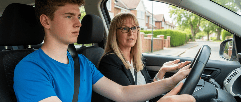 Learner driver practicing in Buckhurst Hill with instructor beside them inside a modern car