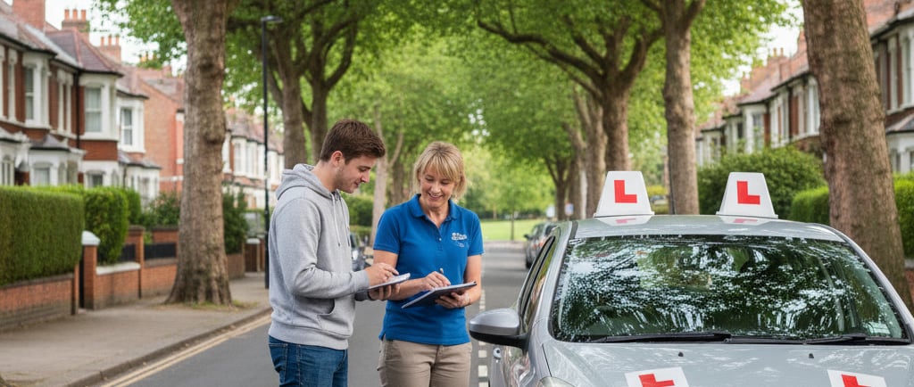 Loughton driving instructors from ILKER Driving School giving feedback beside a dual‑control car on