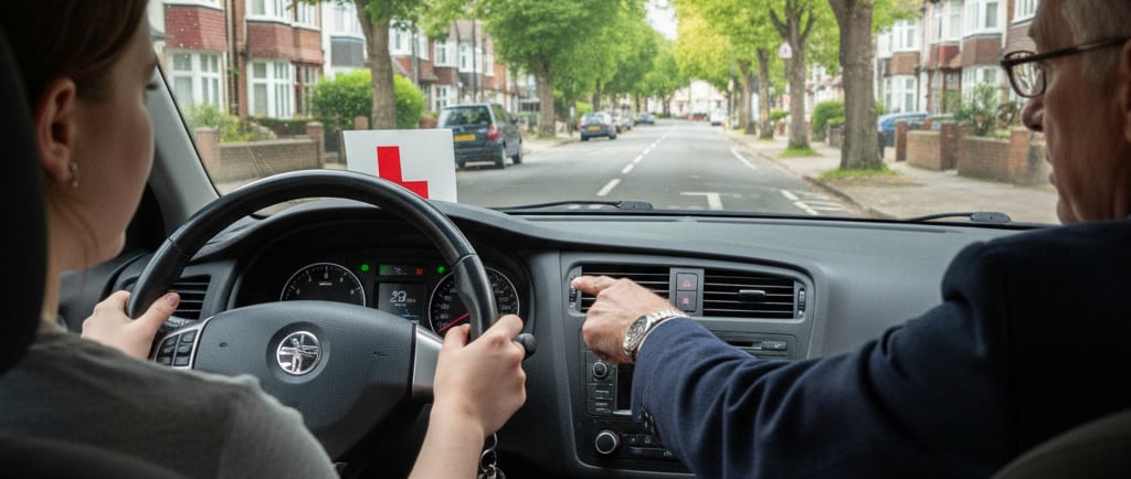 Automatic driving lessons Loughton IG10 — instructor guiding a learner in a right‑hand‑drive dual‑co