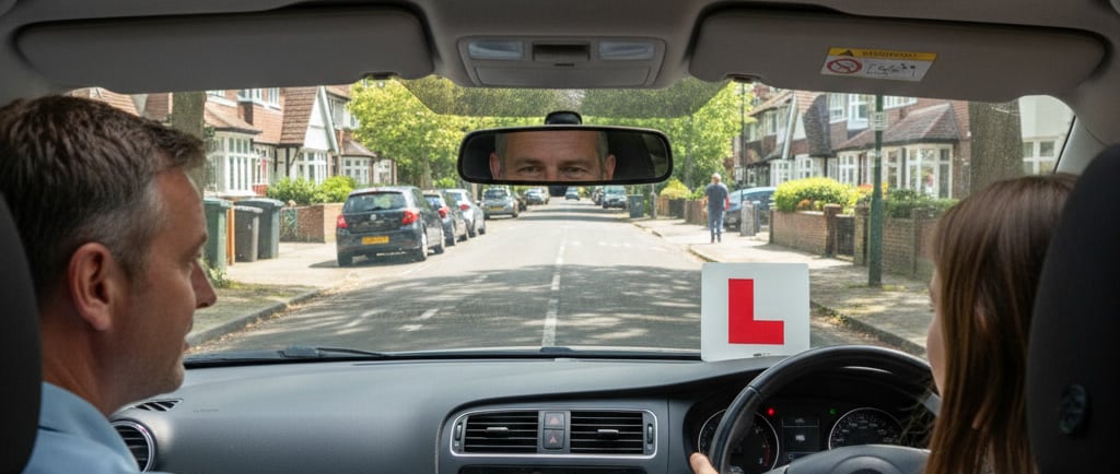 Driving school Loughton IG10 – instructor guiding a learner in a right‑hand‑drive car on a residenti