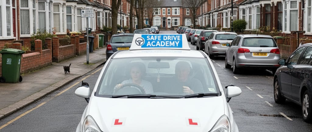 Learner driver car with L plates on a suburban road near Chingford, preparing for the driving test a