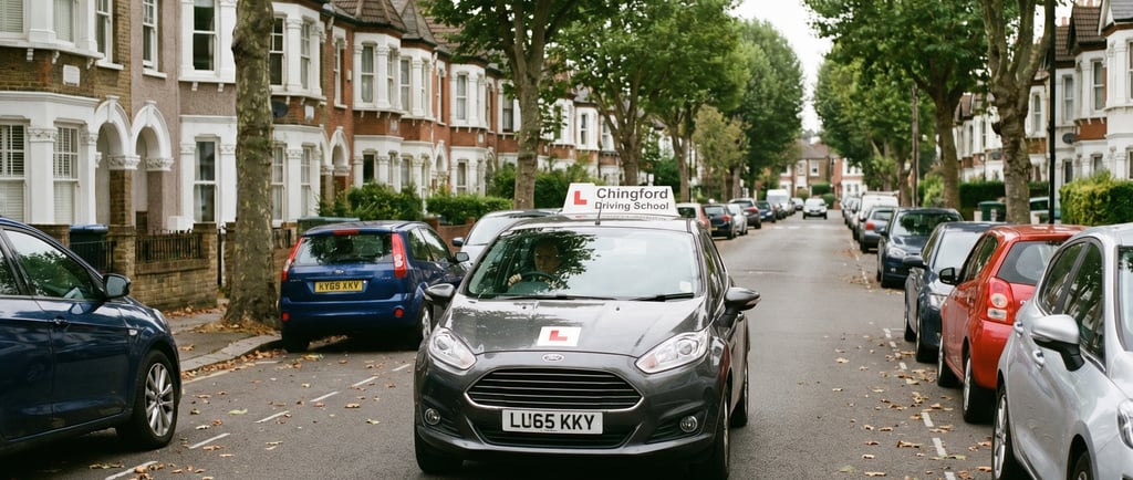Learner car taking Chingford driving lessons on a quiet residential street.