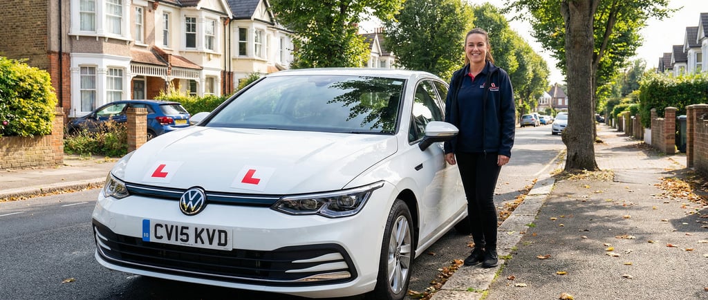 Professional learner driver car from the best driving school in Chingford parked on a residential st