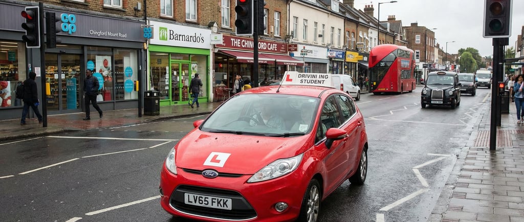 Learner driver during driving lessons in Chingford waiting at traffic lights on a busy street
