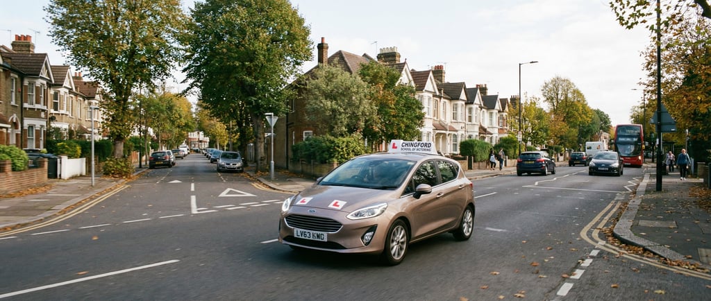Learner driver approaching a junction during driving lessons near Chingford.