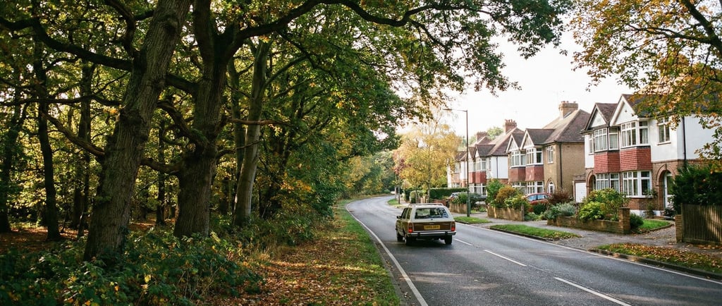 Car driving on a road near Loughton, transitioning between forest and residential areas