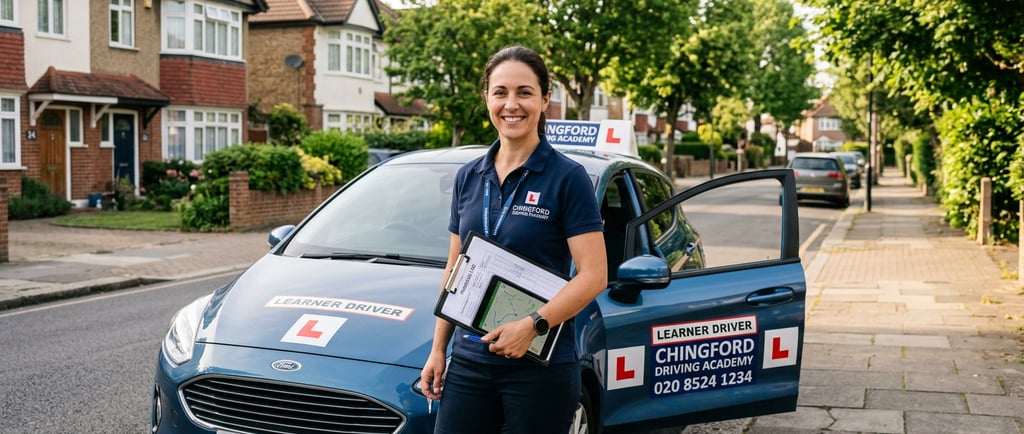 Friendly instructor from a Chingford driving school preparing for a lesson on a local street.
