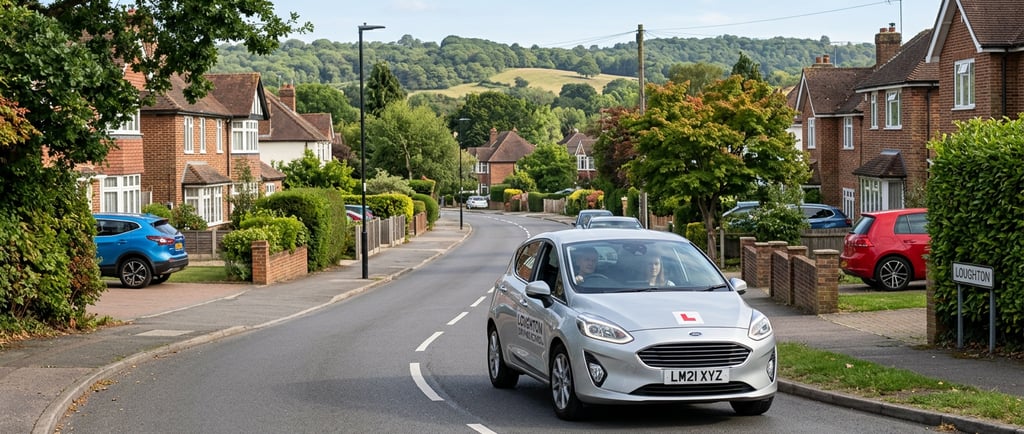 Learner driver training with a driving school in Loughton on a residential road