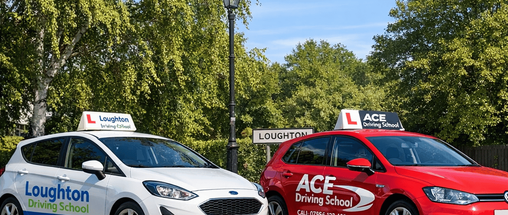 A fleet of cars from professional driving schools in Loughton lined up on a local street