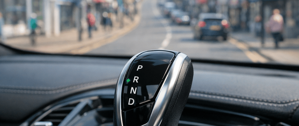 Interior of an automatic car ready for a driving lesson in Chingford.
