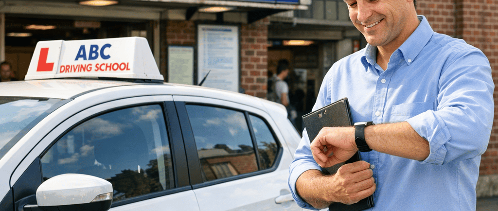 Instructor from a Loughton driving school waiting to pick up a student for a lesson