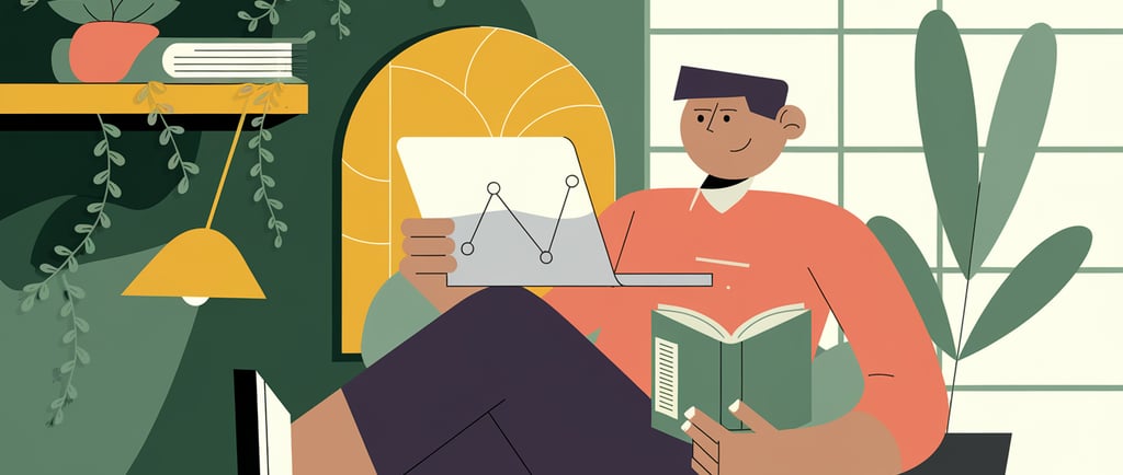 bir elinde laptop bir elinde kitapla  kanepede oturan bir adam