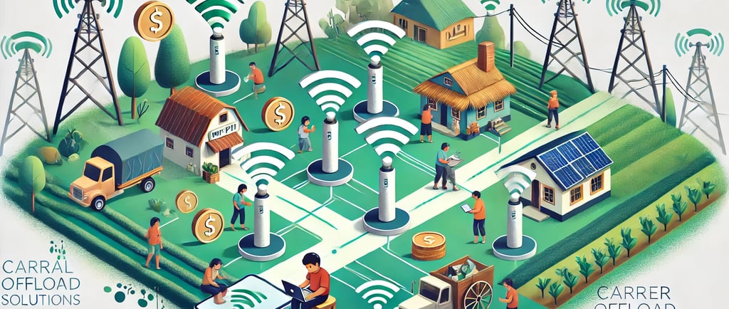 An illustration of rural connectivity gaps being bridged using carrier offload solutions. Depict a s
