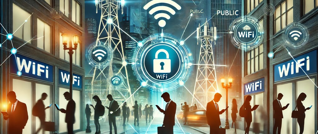 An illustration of a bustling urban setting with people using smartphones and laptops connected to p