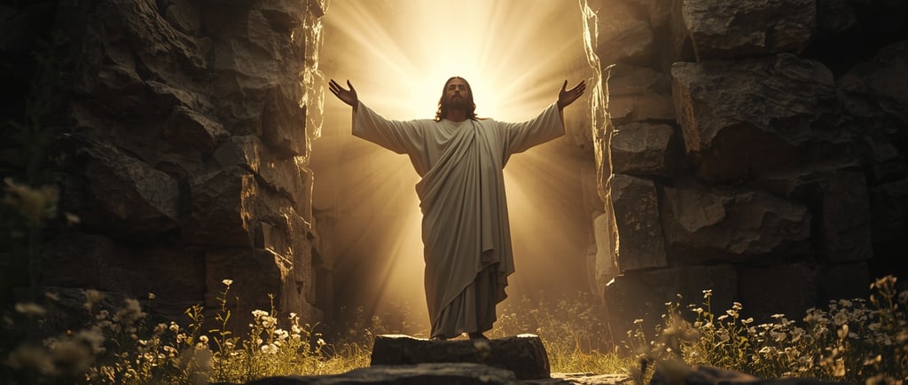 A triumphant, radiant figure of Jesus Christ standing in glowing white robes at the entrance of an o